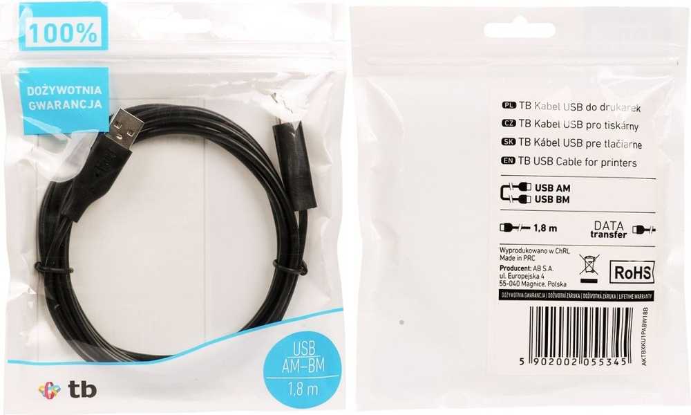 Maitinimo laidas TB AKTBXKU1PABW18B, USB A/USB B, 1.8m