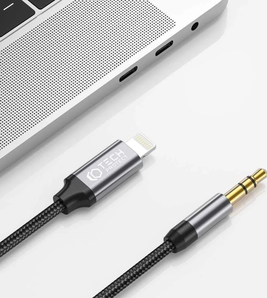 Kabelis 1m Lightning – AUX mini jack 3,5mm Tech-Protect Ultraboost juodos spalvos