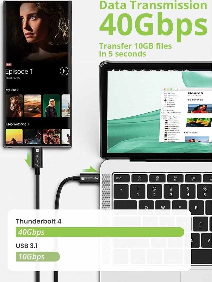 TECHLY USB 4 Gen 3 Type-C laidas M/M E-Mark 8K 40Gbps 100W PD 0,8m