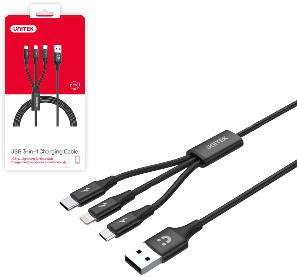 UNITEK kabelis USB 3in1 Juodas microUSB USB-C apšvietimas C14049BK