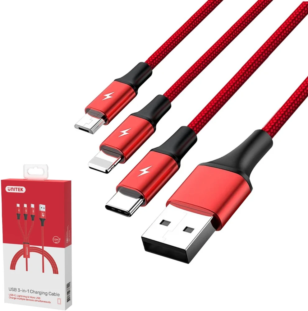 UNITEK C4049RD Unitek kabelis 3-in-1, USB-C tipas / MicroUSB / Lightning, 1,2 m, raudonas, C4049RD