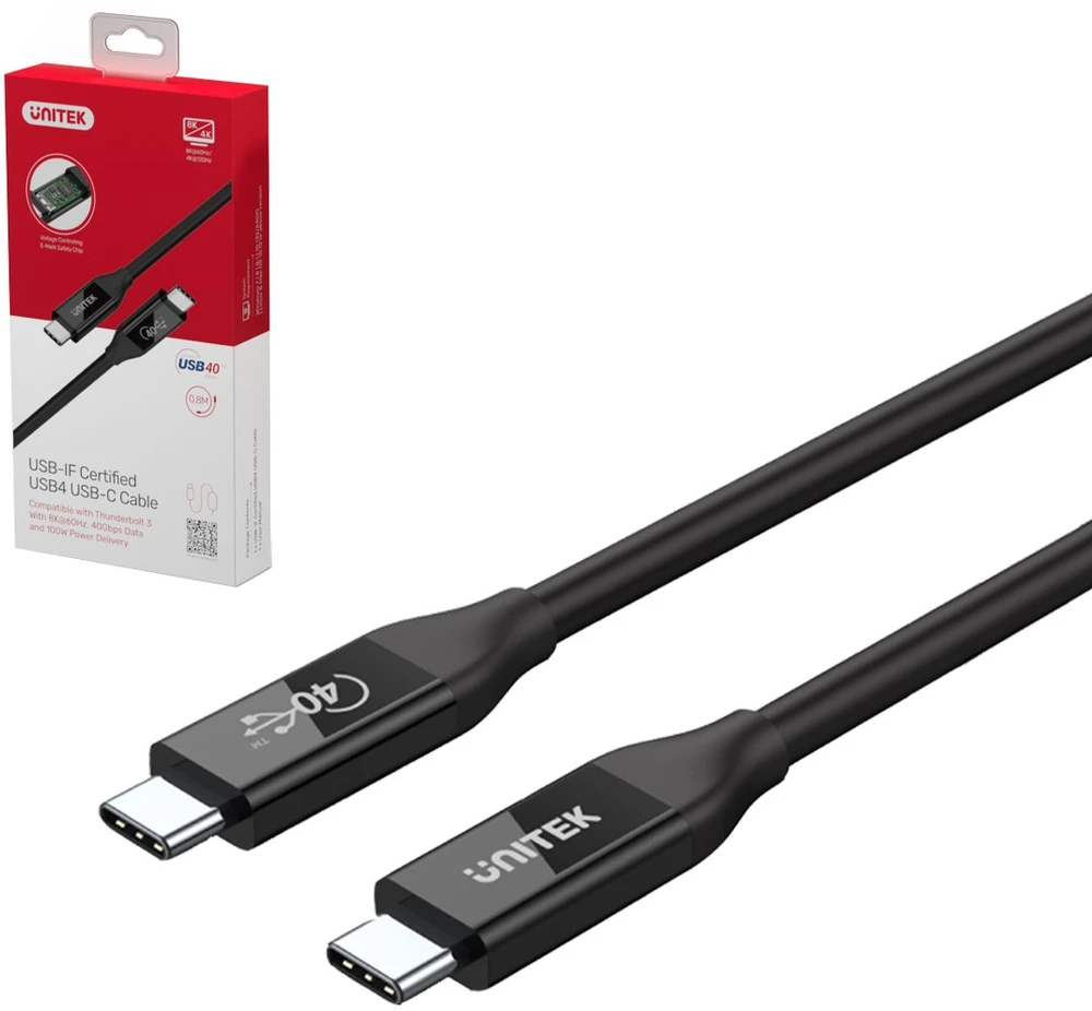 UNITEK C14100BK-0,8M kabelis USB-C 4.0 PD 100W 40Gbps 8K 0,8m