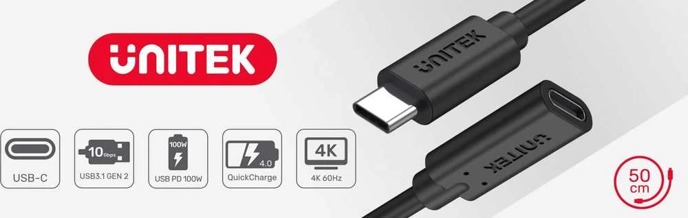 Unitek USB-C ilgintuvas 10Gbps 4K, PD 100W 1 m