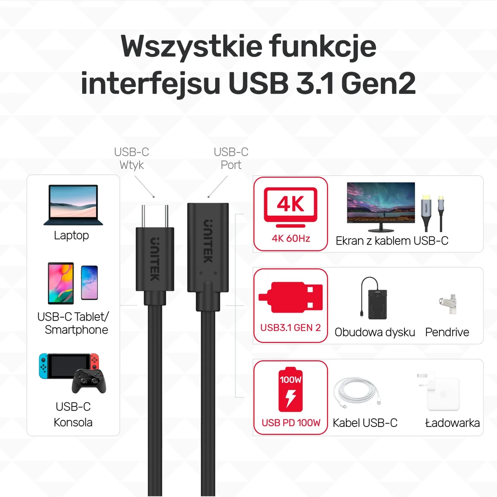 UNITEK C14086BK-1,5 m pratęsimo kabelis USB-C 4K 60HZ PD 20V/5A 1,5m