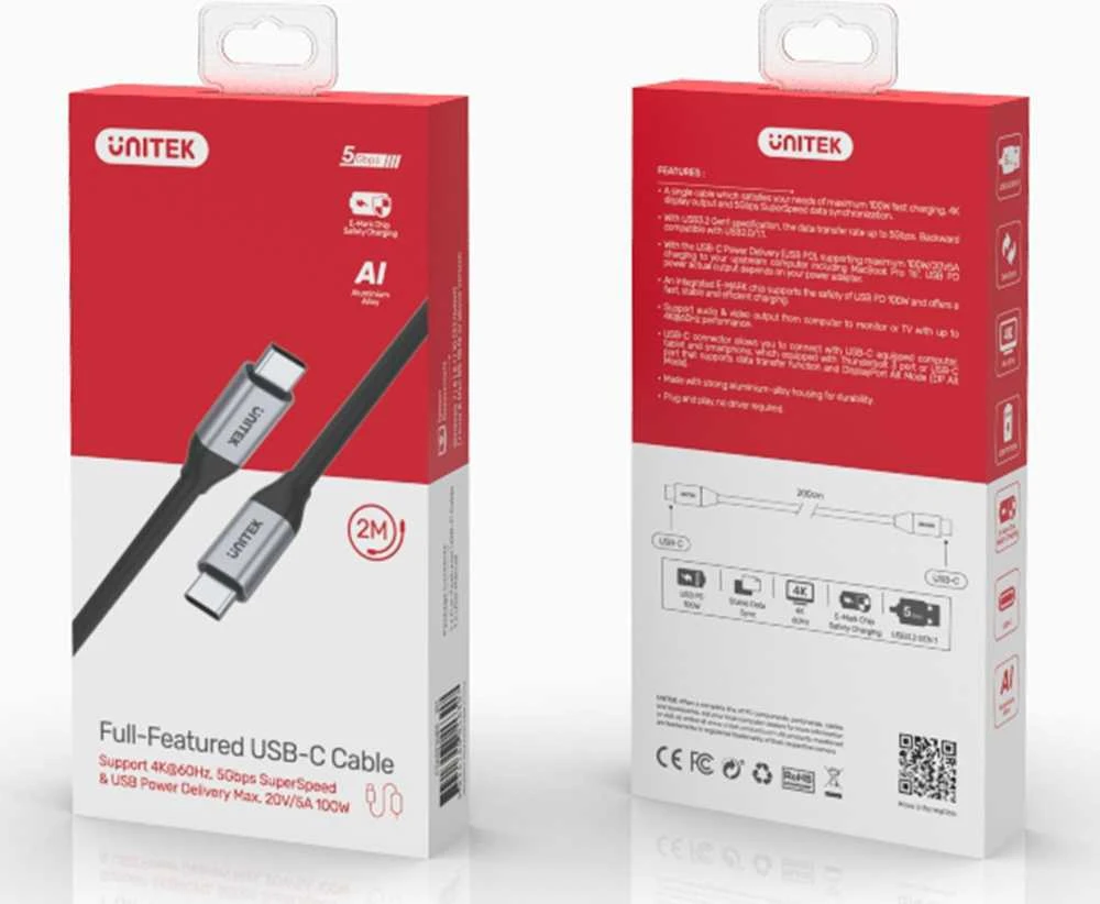 USB Unitek USB-C – USB-C laidas 2 m sidabrinis (C14091ABK)