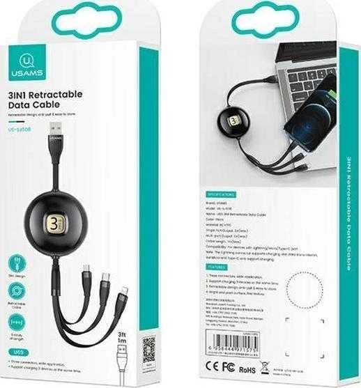 USAMS Kabelis U69 3in1 1m juodos spalvos (lightning/microUSB/USB-C) SJ508USB01 (US-SJ508)
