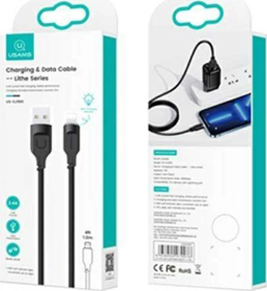USAMS lightning kabelis 2.4A 1.2m Fast Charging Lithe Series juodos spalvos SJ565USB01 (US-SJ565)