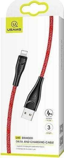USAMS pintas kabelis U41 Lightning 3m 2A raudonas SJ397USB02 (US-SJ397) greito įkrovimo