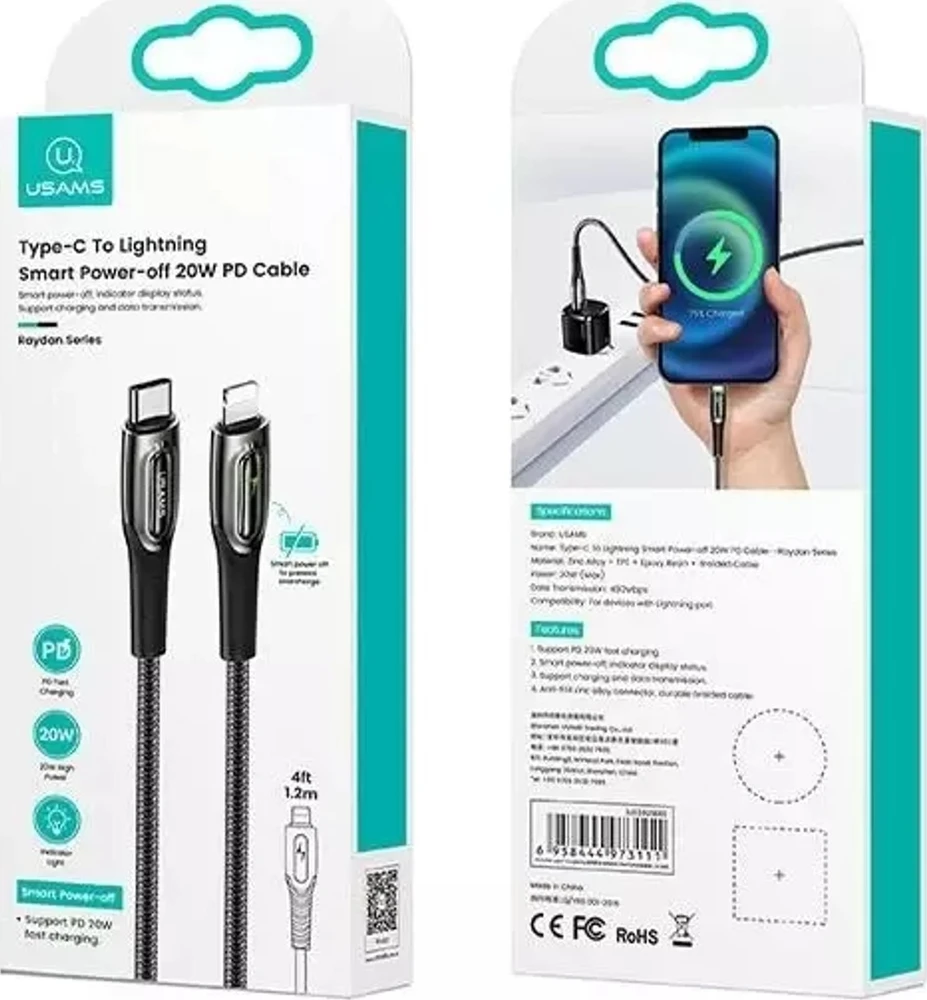 USAMS Braided Kabelis USB-C į Lightning Smart Power-off 20W PD Kabelis 1.2m juodos spalvos/juodos spalvos SJ518USB01 (US)