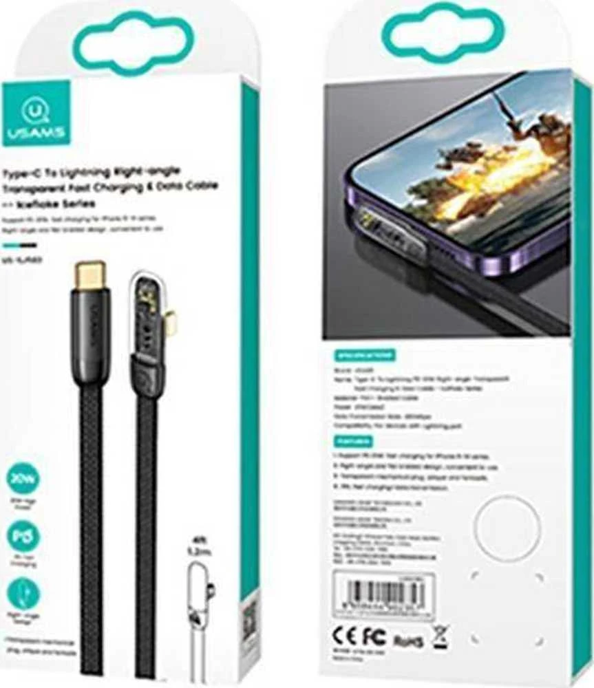 USAMS angled kabelis USB-C į Lightning PD 20W Fast Charging Iceflake Series 1.2m juodos spalvos SJ583USB01