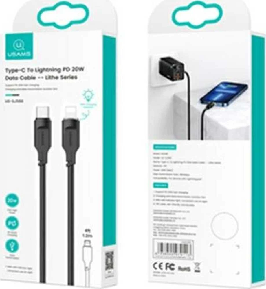 USAMS kabelis USB-C į Lightning 20W 1.2m PD Fast Charging Lithe Series juodos spalvos SJ566USB01 (US-SJ566)