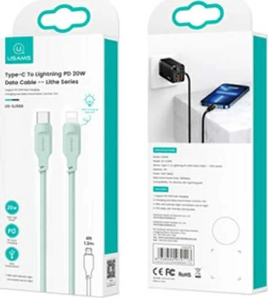 USAMS USB-C laidas su „Lightning“ 20W 1.2m PD greito įkrovimo „Lithe“ serijos žalias SJ566USB04 (US-SJ566)