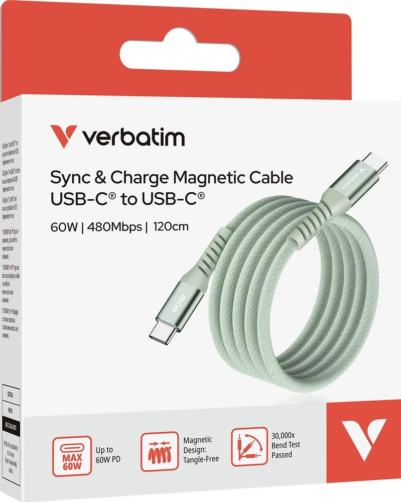 „Verbatim“ magnetinis sinchronizavimo ir įkrovimo kabelis USB-C į USB-C, 60 W, 120 cm, Žalias