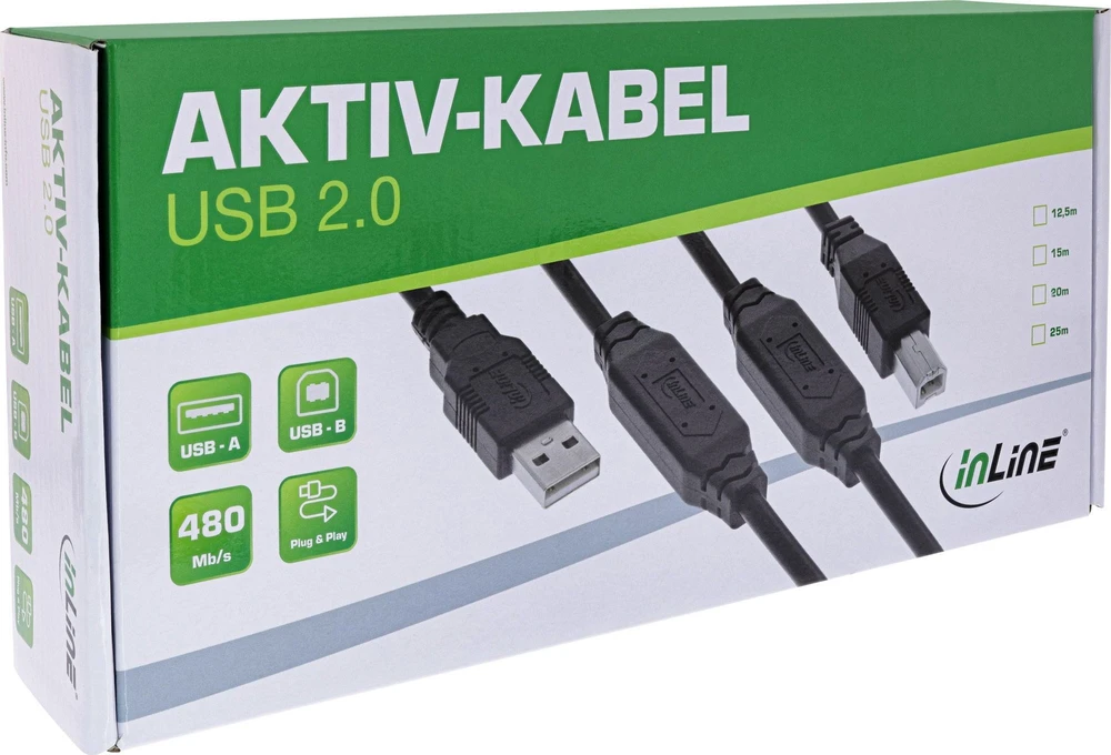 USB kabelis Vision USB-A - USB-B 20 m juodas (34513A)