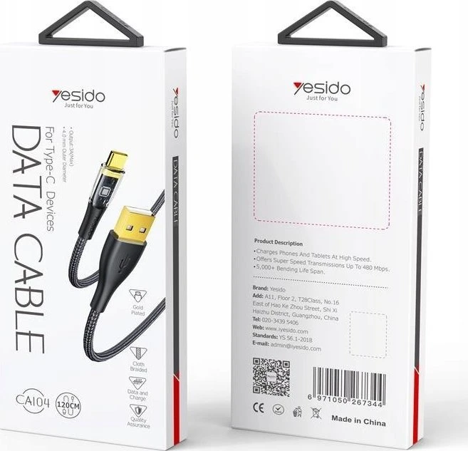 YESIDO LAIDAS CA104 18W USB/C TYPE 1,2M PVC 2A Juodas