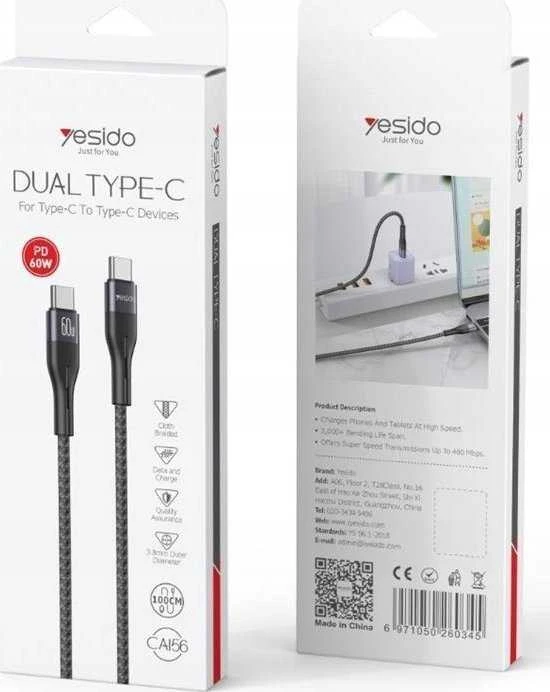 Kab.Yesido CA156 60W 3A C tipo į C tipo 1,2 m