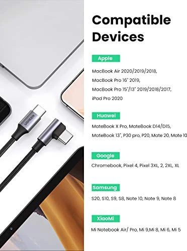 UGREEN US334 USB-C - USB-C kampinis laidas 5A PD 100W 2m