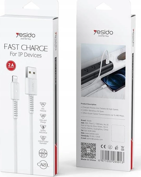 YESIDO KABELIS CA120 18W USB/LIGHTNING 1M PVC 2A Baltas
