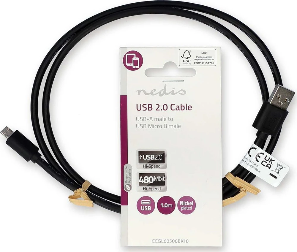 USB Nedis USB-A - micro-B kabelis 1 m, juodas (CCGL60500BK10)