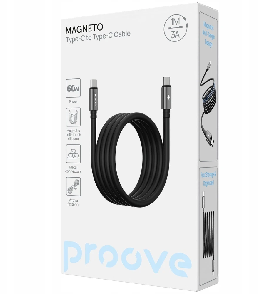 USB kabelis PROOVE Magneto Type-C į Type-C 60 W 1 m Juodas
