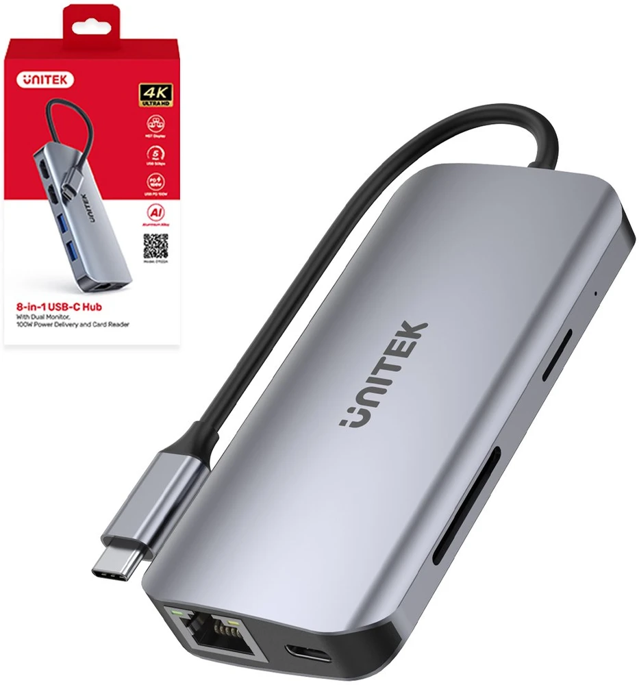 USB-C šakotuvas - UNITEK 2X HDMI 4K, RJ45, PD 100W Pilkas