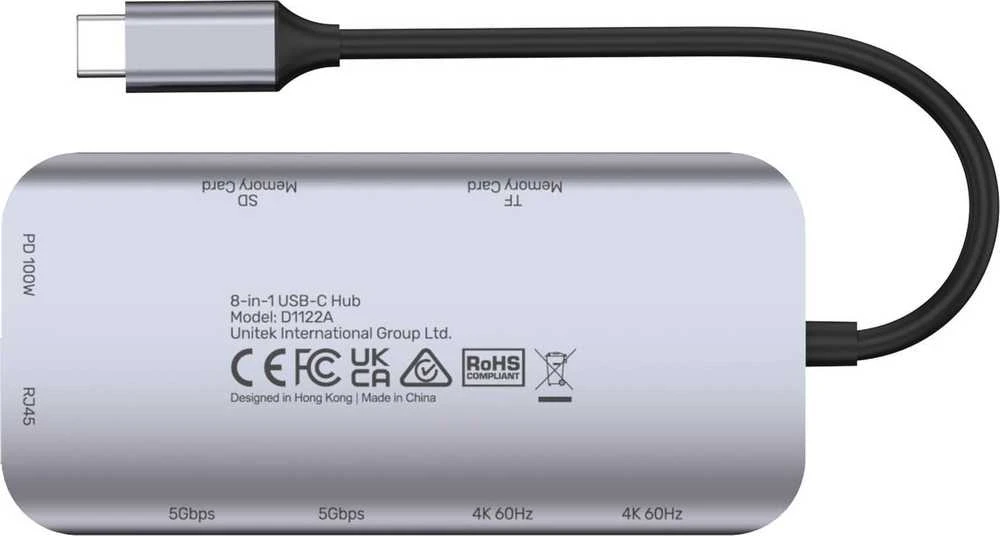 USB-C šakotuvas - UNITEK 2X HDMI 4K, RJ45, PD 100W Pilkas