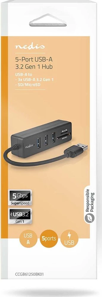 USB ŠAKOTUVAS Nedis CCGB61250BK01 šakotuvai ir šakotuvai USB 3.2 Gen 1 (3.1 Gen 1) Type-A 5000 Mbit/s Juodas