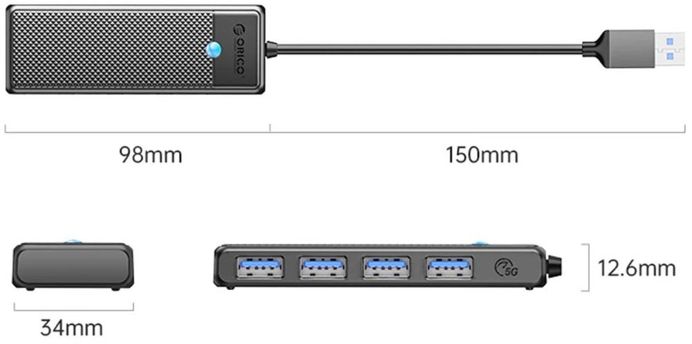 USB šakotuvas Orico PAPW4A-U3-015-BK-BP 4x USB-A 3.0 (PAPW4A-U3-015-BK-BP)