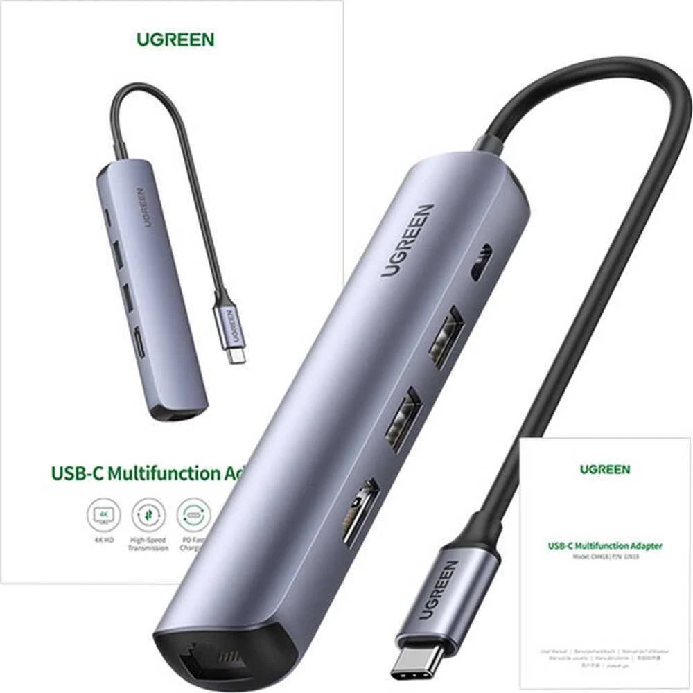 Hub / šakotuvas 100W PD USB-C - 2x USB + HDMI 4K 30 Hz + RJ45 1Gbps UGREEN Revodok CM418 pilkos spalvos