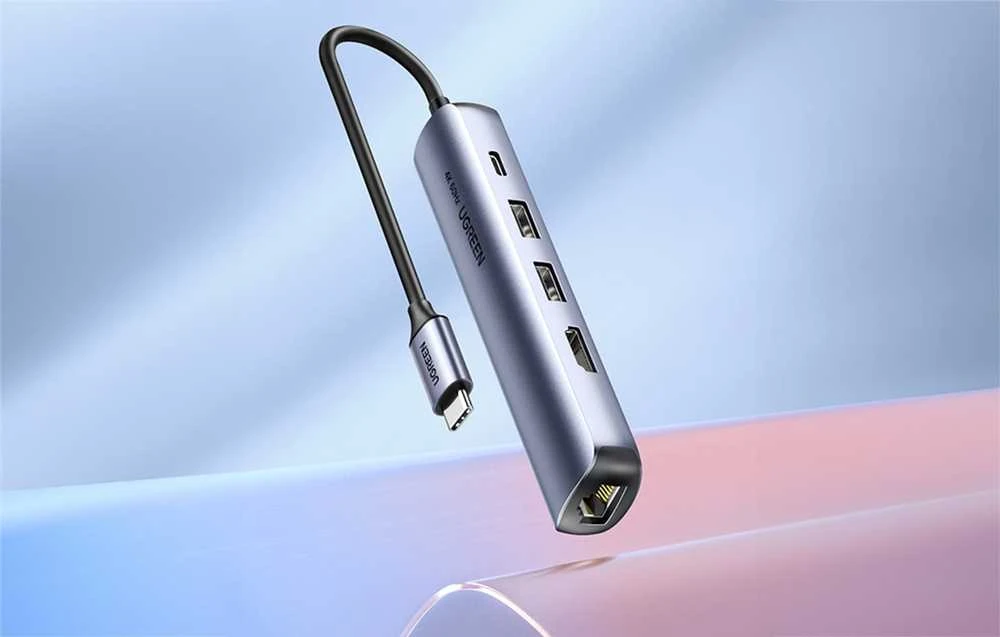 Hub / šakotuvas 100W PD USB-C - 2x USB + HDMI 4K 30 Hz + RJ45 1Gbps UGREEN Revodok CM418 pilkos spalvos