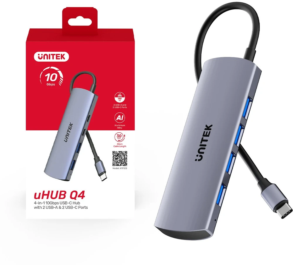 USB šakotuvas „Unitek“ 4w1 USB-C 10 Gbps, 4x USB-A H1112EGY01