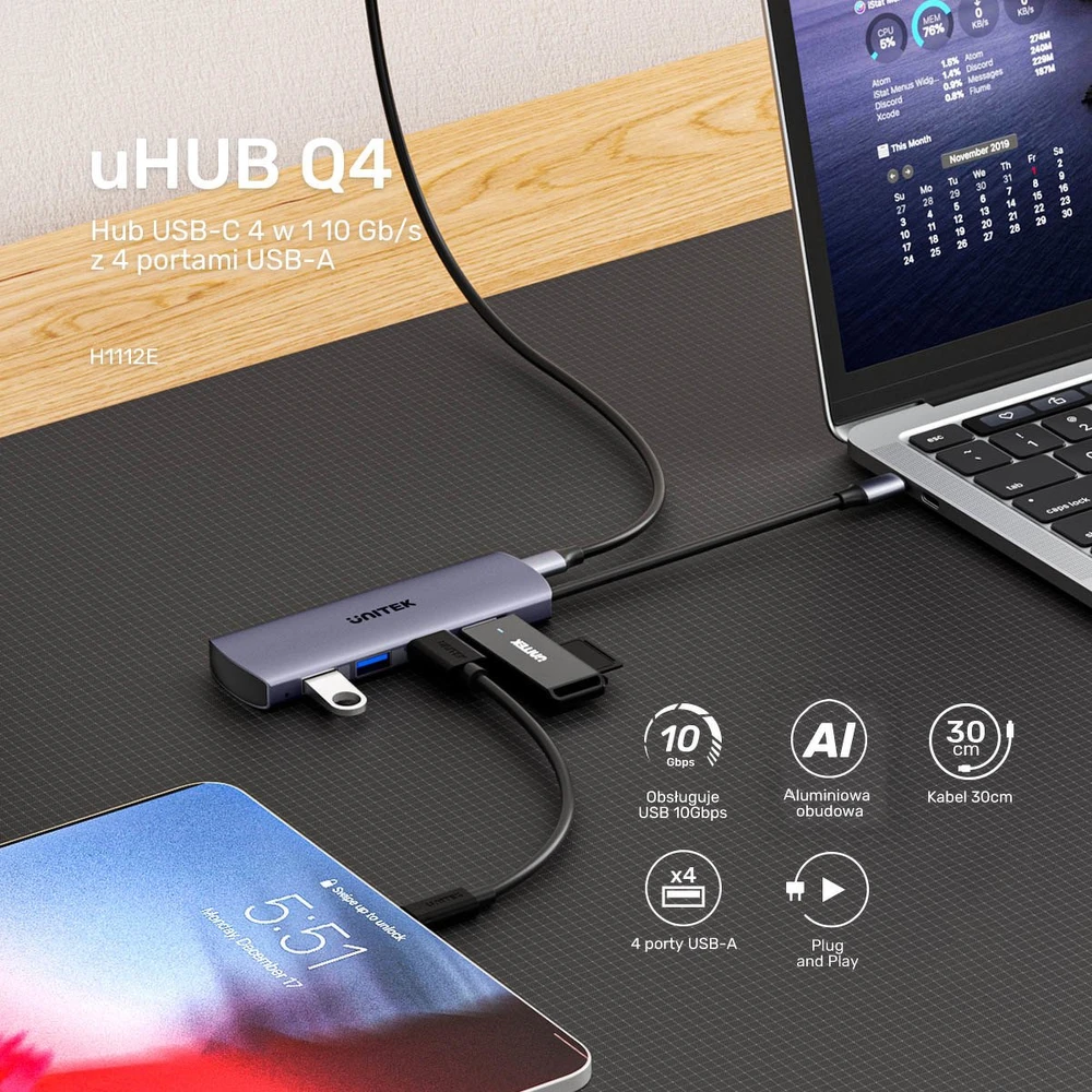 USB šakotuvas „Unitek“ 4w1 USB-C 10 Gbps, 4x USB-A H1112EGY01