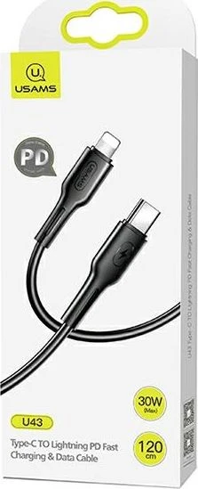 USAMS U43 USB-C į lightning greito įkrovimo laidas 30W, Juodas