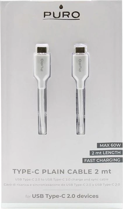 Puro Elektrik Puro Plain USB-C – USB-C maitinimo laidas 2m – baltas
