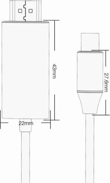 USB-C į HDMI kabelio matmenų schema