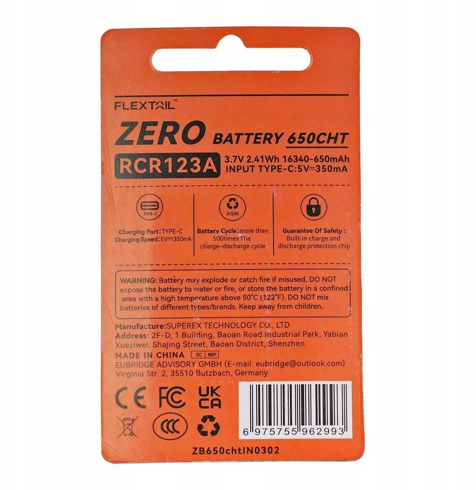 Flextail Zero 650CHT baterijos pakuotė su technine informacija