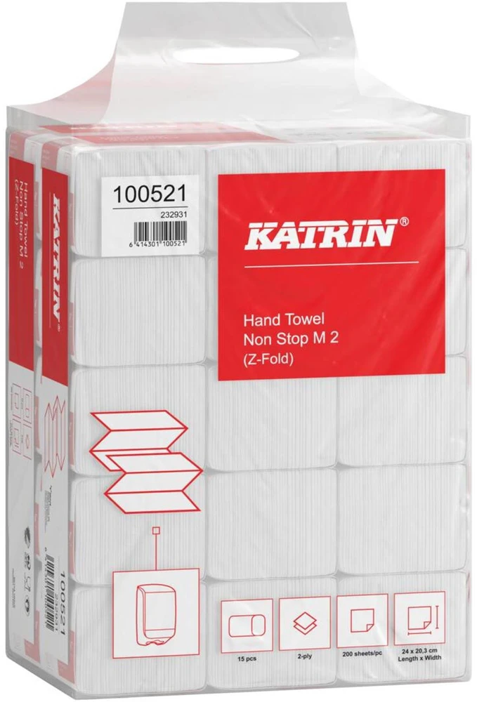 Usorteret Rankšluosčiai Katrin Non-Stop Z-Fold, 2 sluoksnių, ilgis 24 x plotis 20,3 x gylis 8 cm, New fiber, balti - (15 pakelių po 200 lapų/dėžutėje)