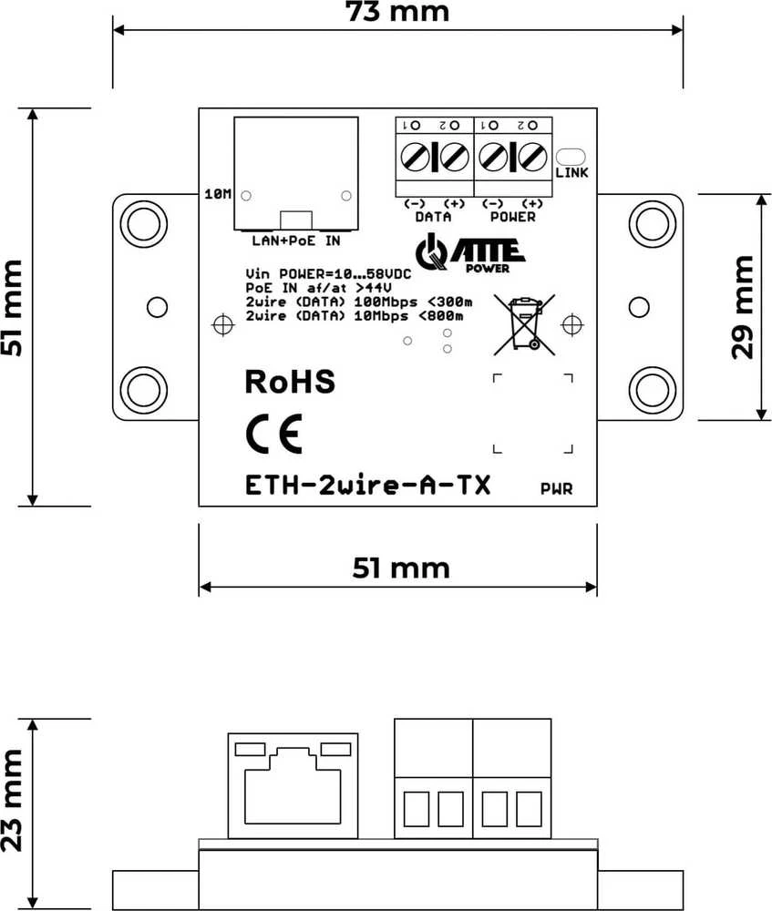 Atte AT3 UTP/2 laidų keitiklių rinkinys LAN+PoE ETH-2WIRE
