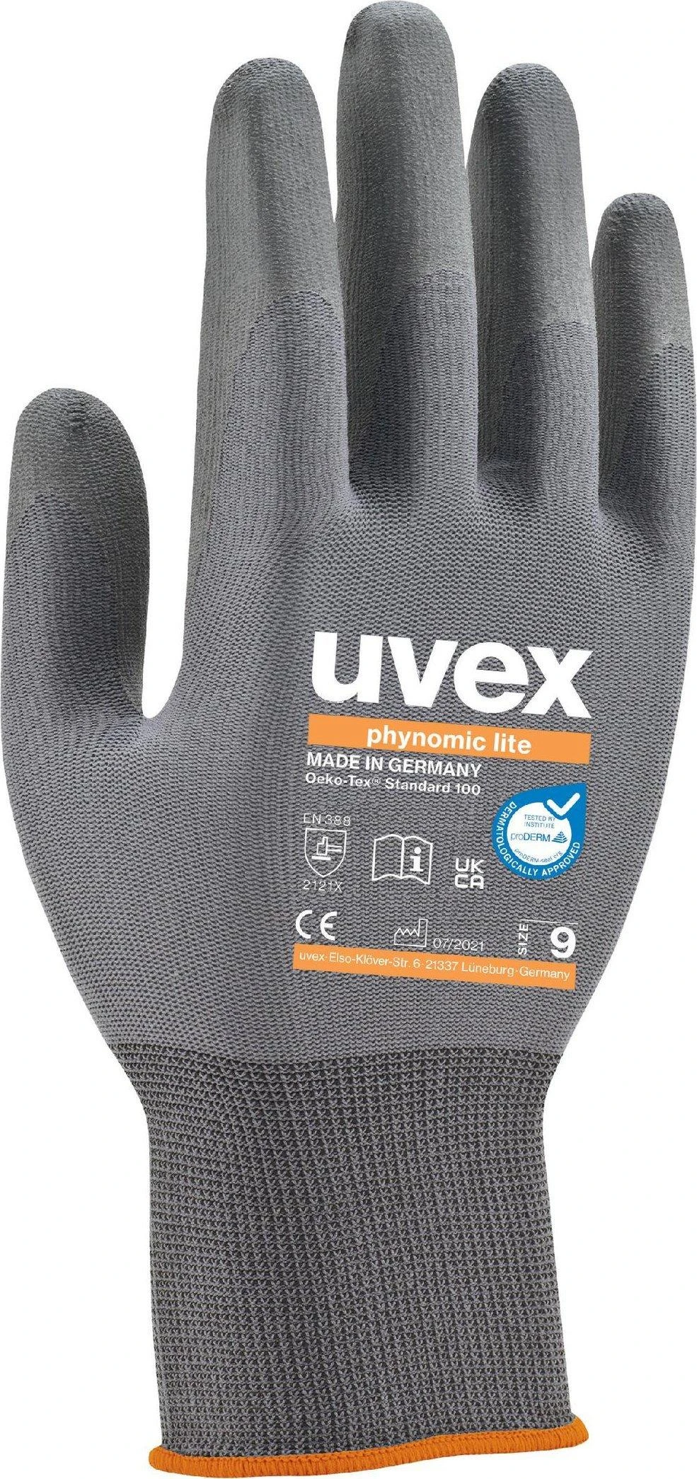 Uvex Phynomic Lite plona darbo pirštinė su technine informacija