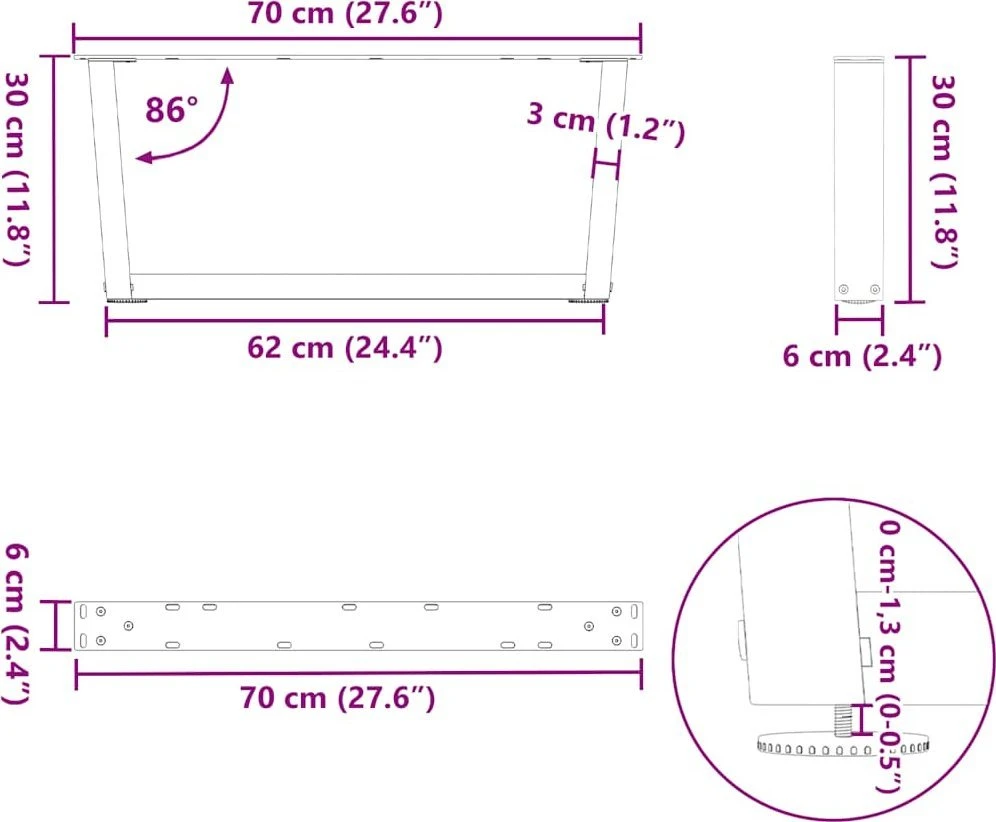 Kavos staliuko kojelės, V formos, 2 vnt., baltos, 70x(30-31,3) cm, plienas