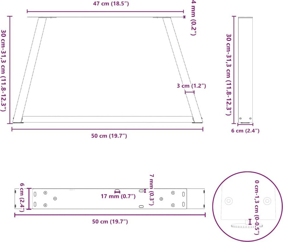 Kavos staliuko kojelės, V formos, 2 vnt., baltos, 50x(30-31,3) cm, plienas