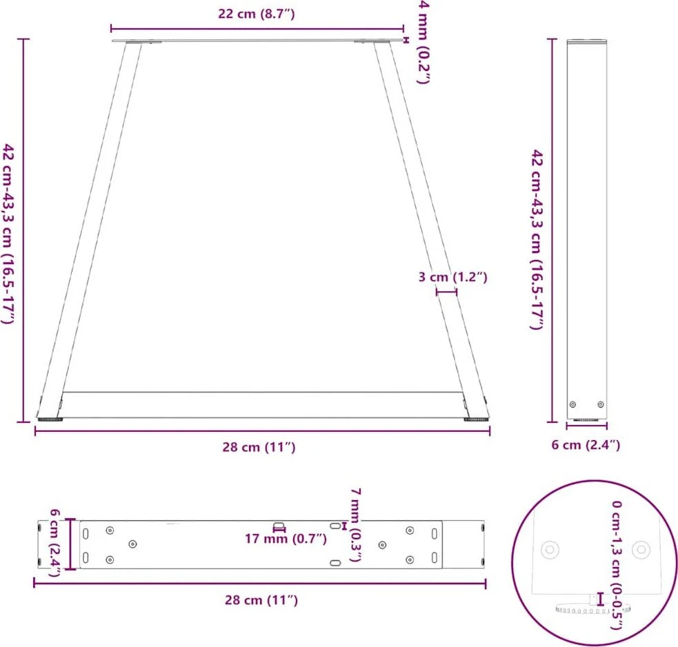 Kavos staliuko kojelės, V formos, 2 vnt., baltos, 28x(42-43,3) cm, plienas