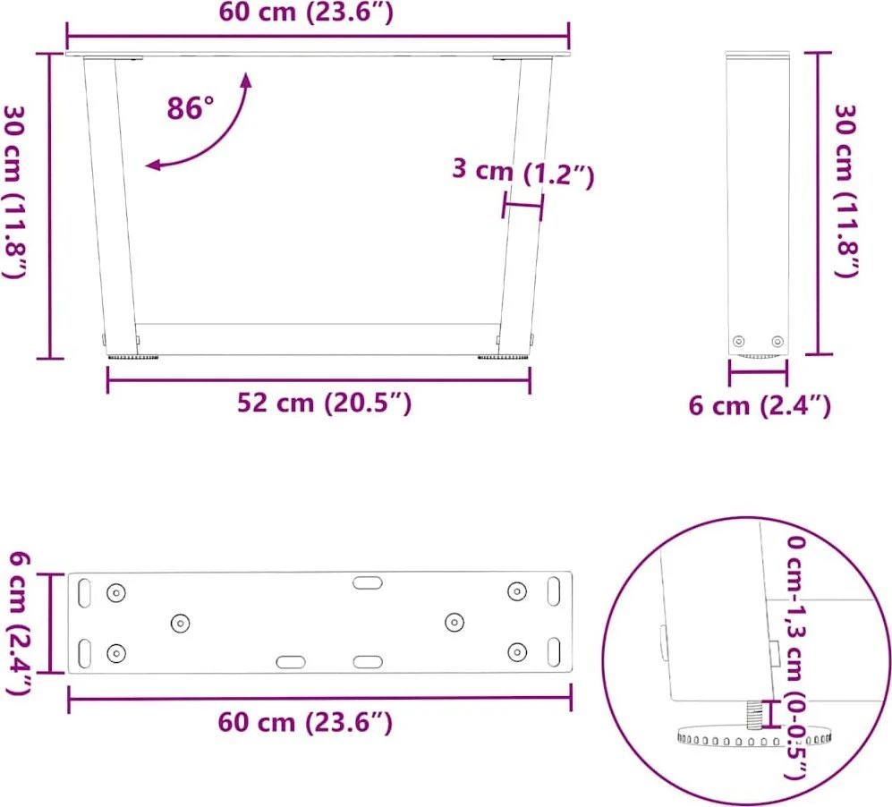 Kavos staliuko kojelės, V formos, 2 vnt., baltos, 60x(30-31,3) cm, plienas