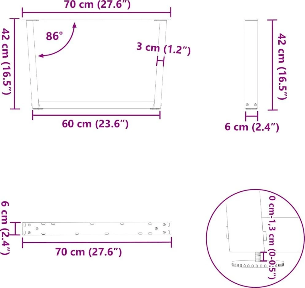 Kavos staliuko kojelės, V formos, 2 vnt., baltos, 70x(42-43,3) cm, plienas