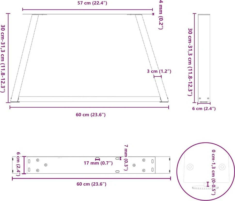 Kavos staliuko kojelės, V formos, 2 vnt., baltos, 60x(30-31,3) cm, plienas
