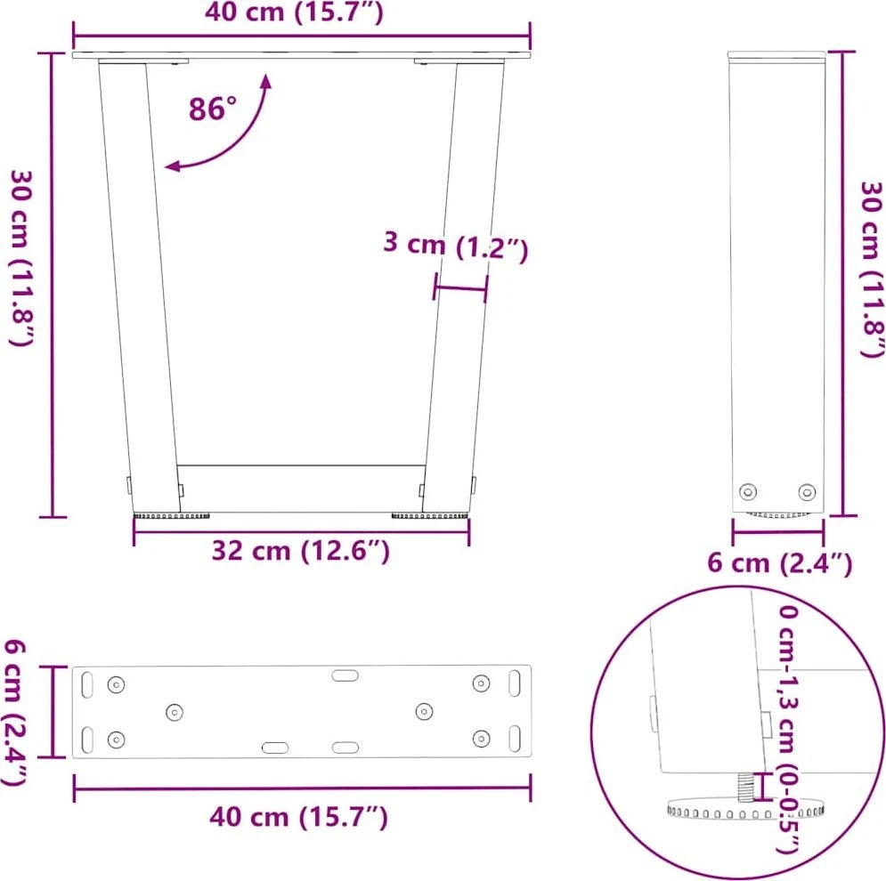 Kavos staliuko kojelės, V formos, 2 vnt., natūralus plienas, 40x(30-31,3) cm, plienas