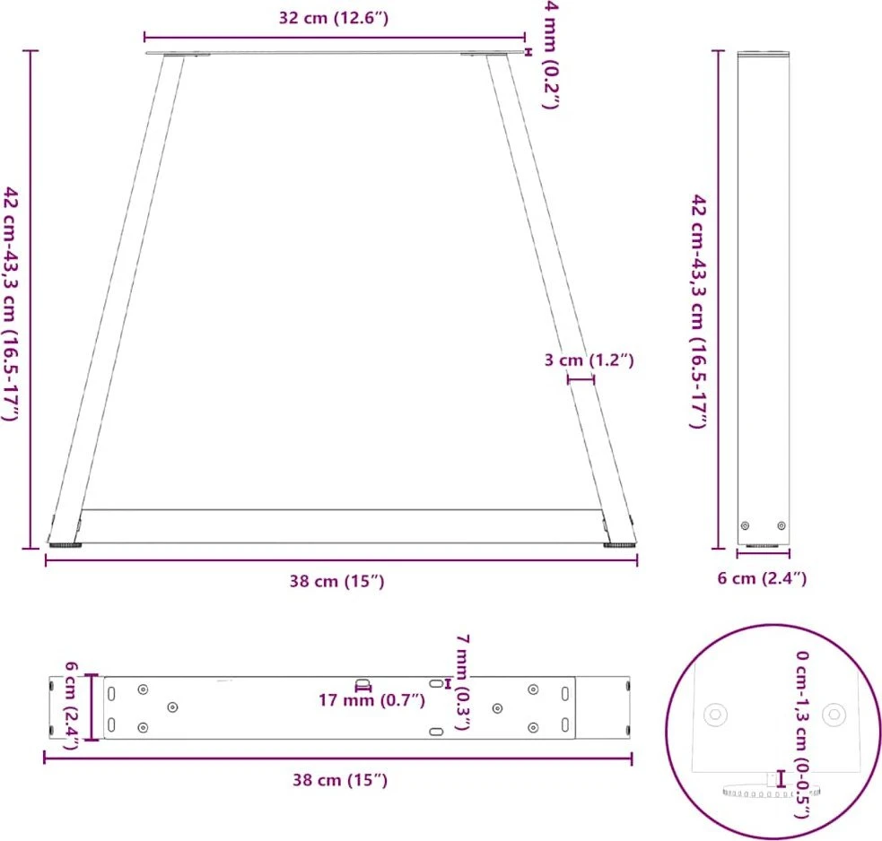 Kavos staliuko kojelės, V formos, 2 vnt., juodos, 38x(42-43,3) cm, plienas