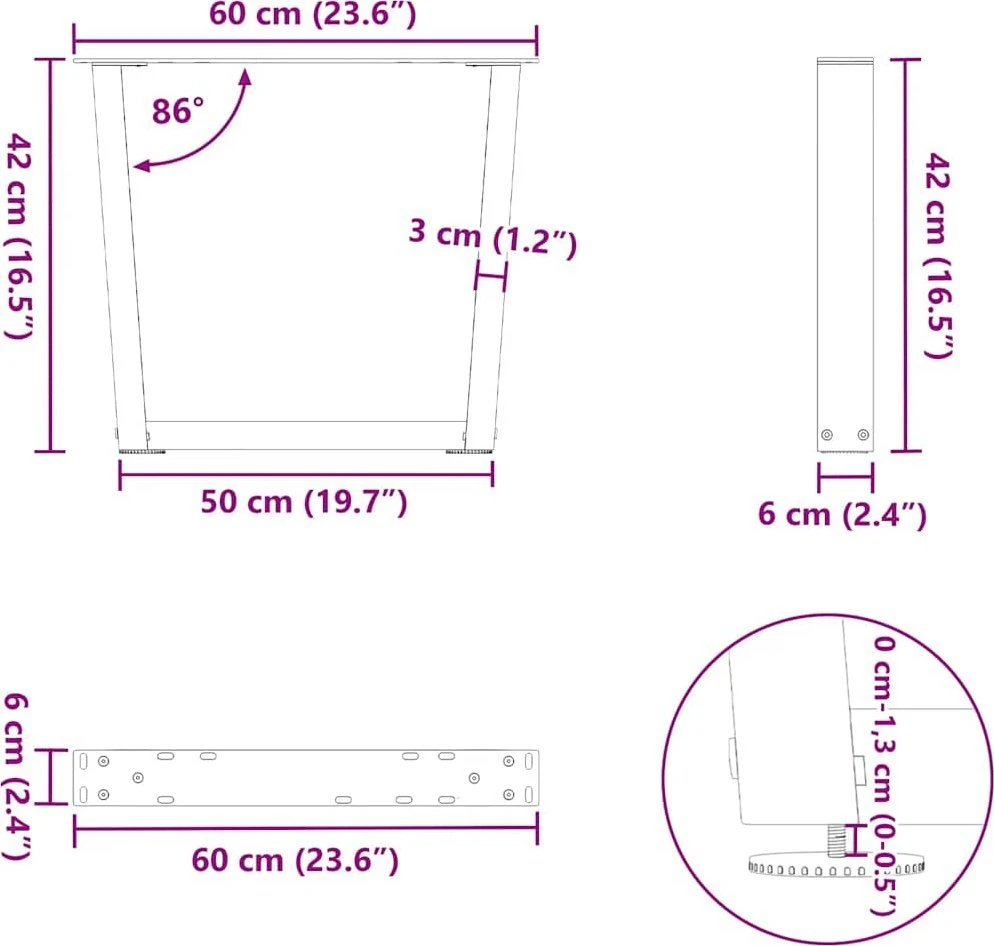 Kavos staliuko kojelės, V formos, 2 vnt., antracito spalvos, 60x(42-43,3) cm, plienas