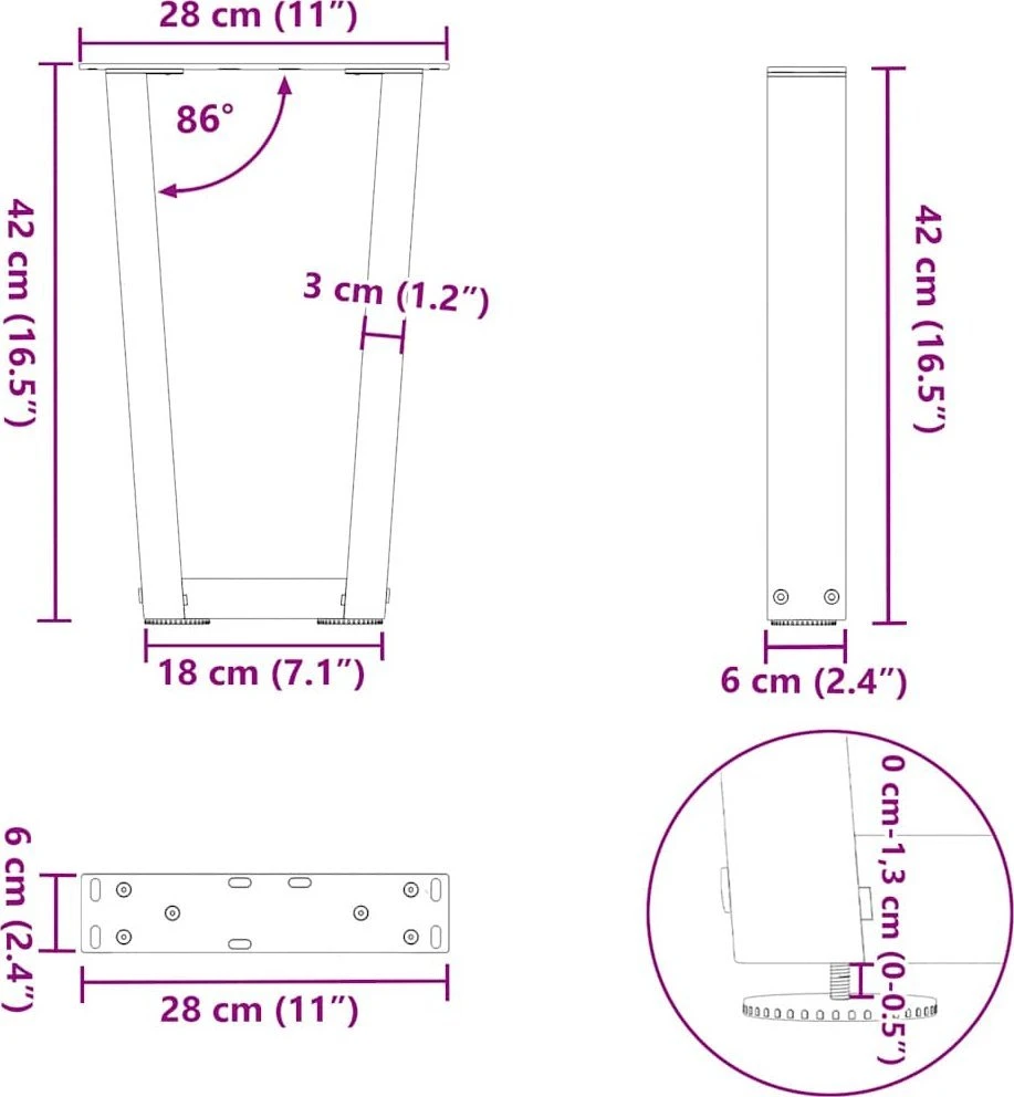 Kavos staliuko kojelės, V formos, 2 vnt., juodos, 28x(42-43,3) cm, plienas