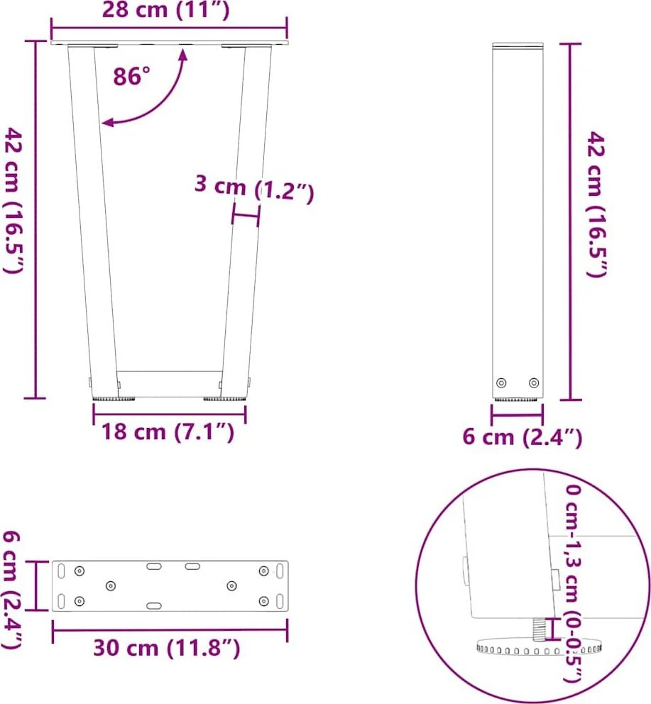 Kavos staliuko kojelės, V formos, 2 vnt., antracito spalvos, 28x(42-43,3) cm, plienas